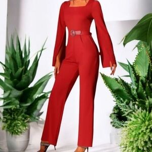 Cherry Girl knit pearl encrusted slit bell sleeves square neck jumpsuit NWT sz L